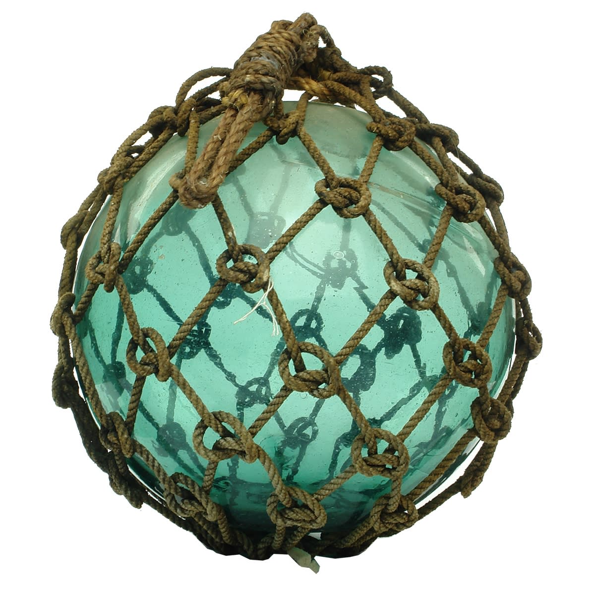Fishing. Large blue-green fishing float in rope basket with marked applied seal.