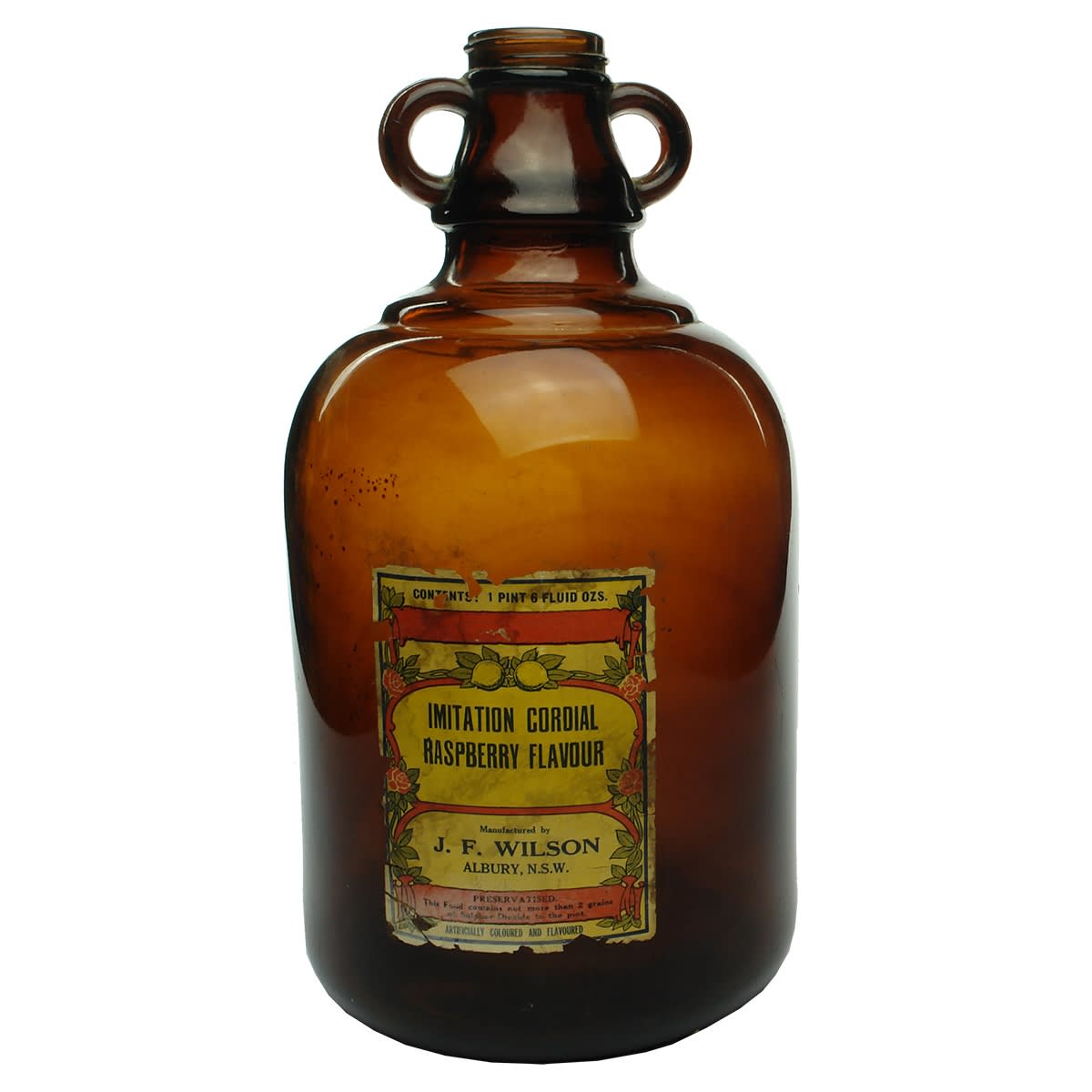 Flagon. Label for J. F. Wilson, Albury. Imitation Cordial. Raspberry Flavour. (New South Wales)