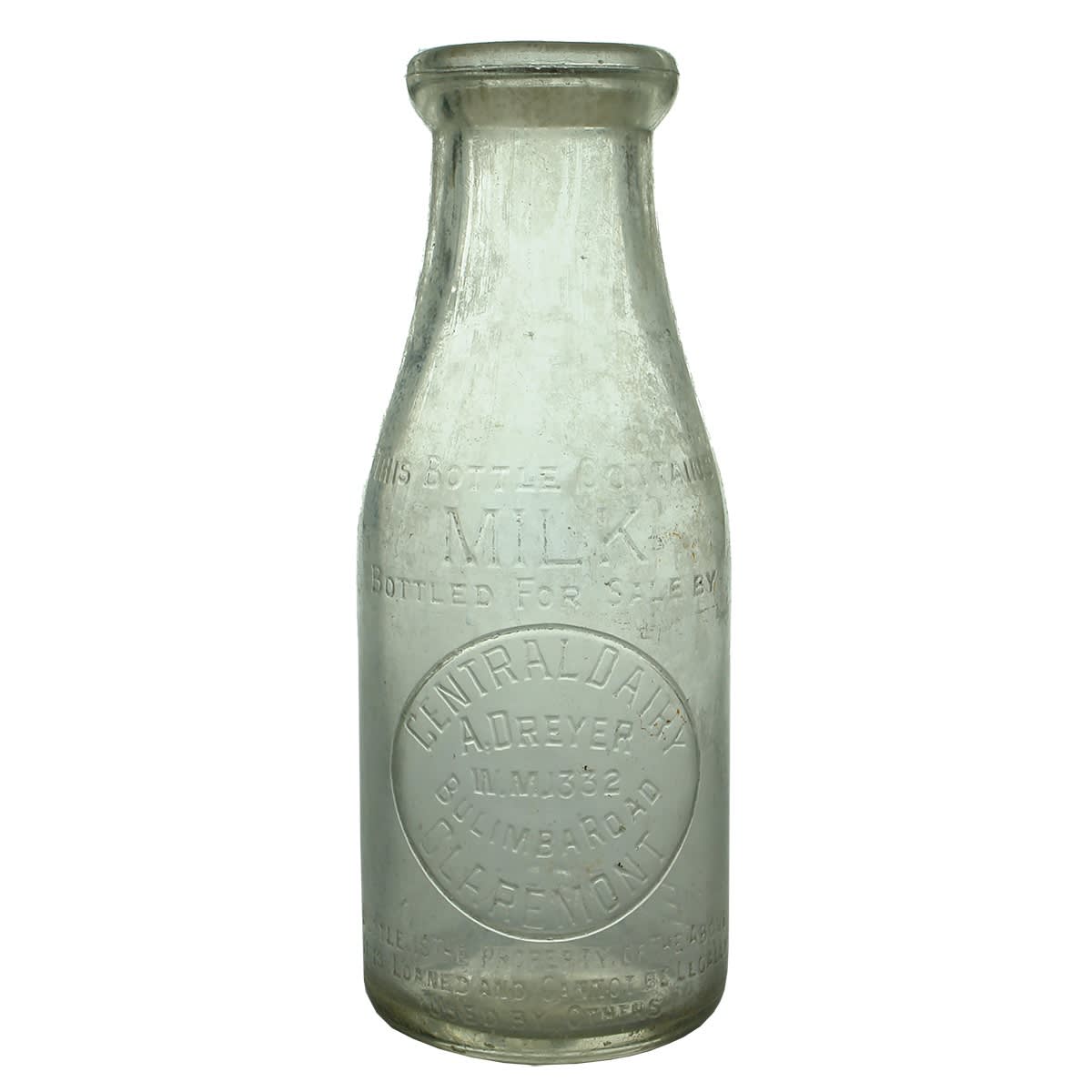 2 Milk Bottles. Variations of A. Dreyer, Central Dairy, Bulimba Road, Claremont. Different phone numbers on each. Base Numbers: 423. (Western Australia.