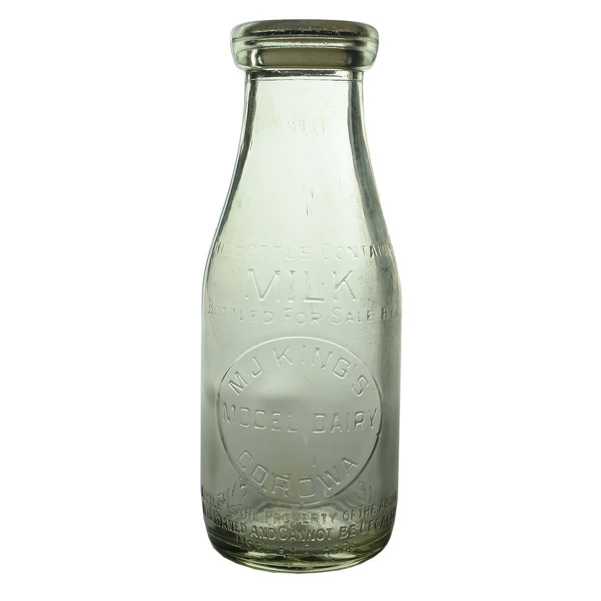 2 Corowa Milk Bottles: M. J. King's Model Dairy (Base 593); Hopkins Milk Supply, Hopkins Cafe (Base 624). Pint. (New South Wales)