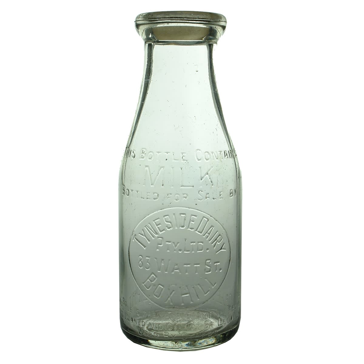 2 Milk Bottles: Tyneside Dairy Pty Ltd Watt St., Box Hill (Base: 120); Sawyer Bros., Box Hill Dairy (Base: 97). Pints. (Victoria)
