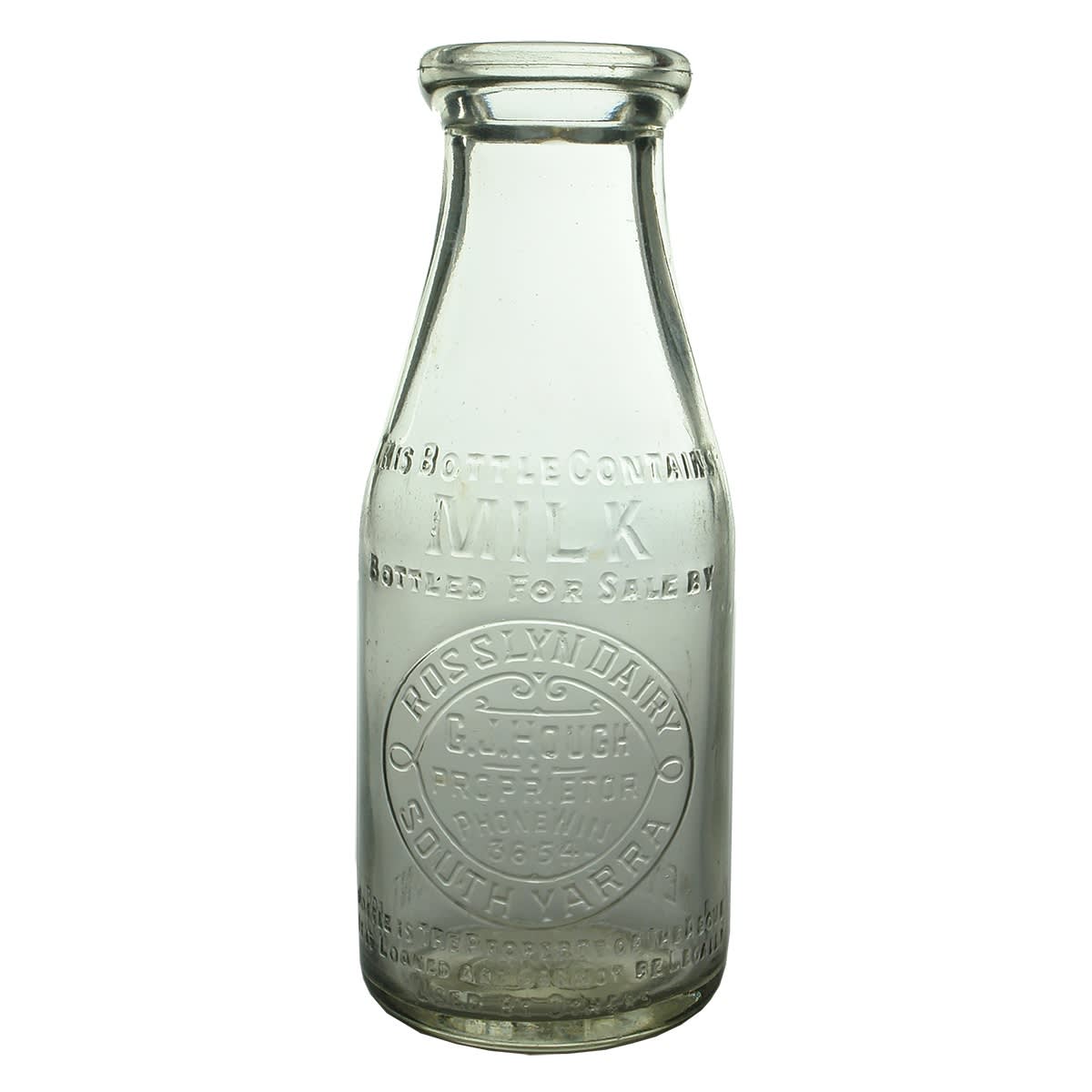 2 Milks. Rosslyn Dairy, G. J. Hough, South Yarra. Ghosted ceramic label to the back. Base 185; Metropolitan Dairy Farmers Ltd., Melbourne. Pura Dairy Box Hill. Base: 120. (Victoria)