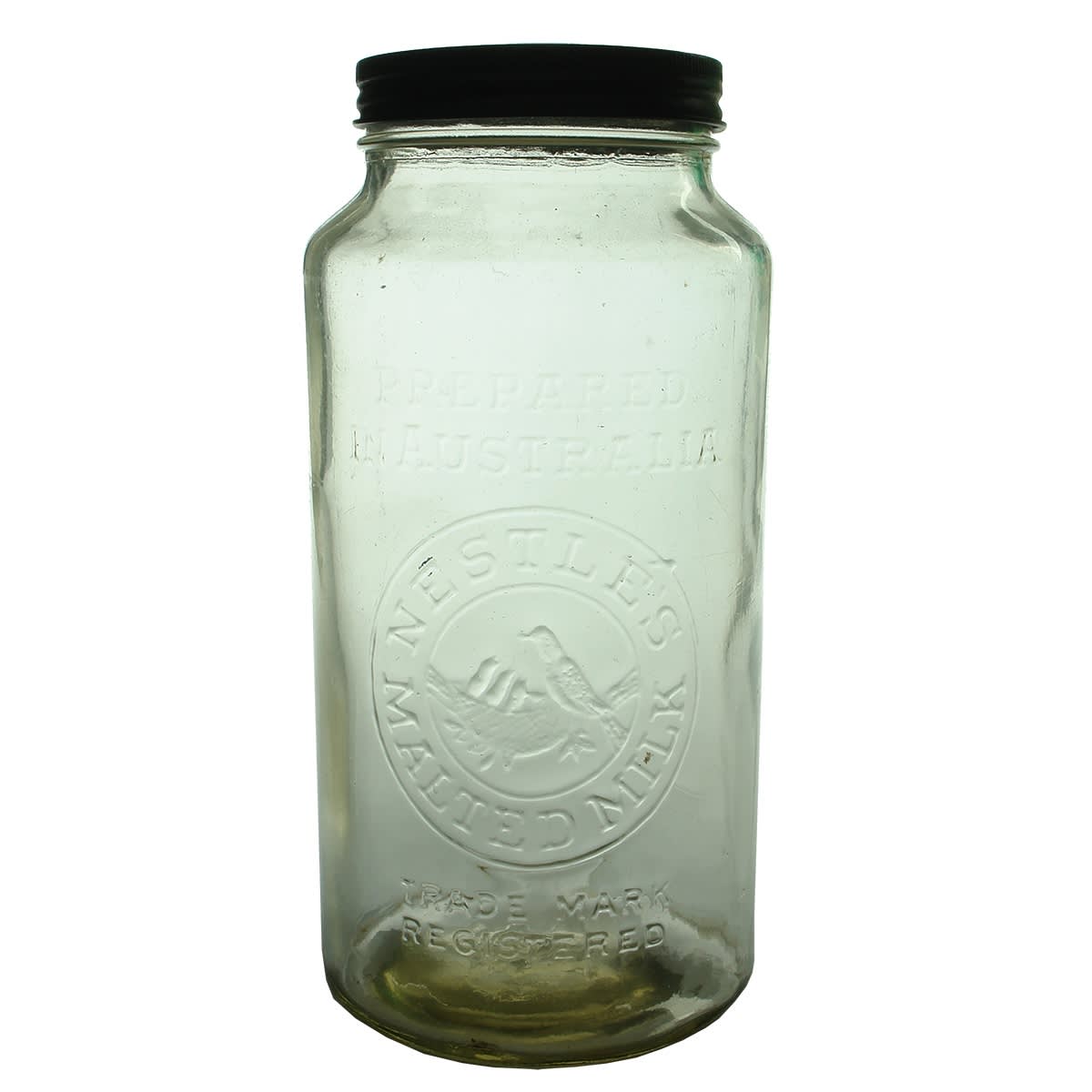 2 Large Jars. Nestle's Malted Milk. Prepared in Australia. Birds & Nest; Sweetacres. James Stedman-Henderson's Sweets. Rosebery. Clear. Half Gallon. (New South Wales)