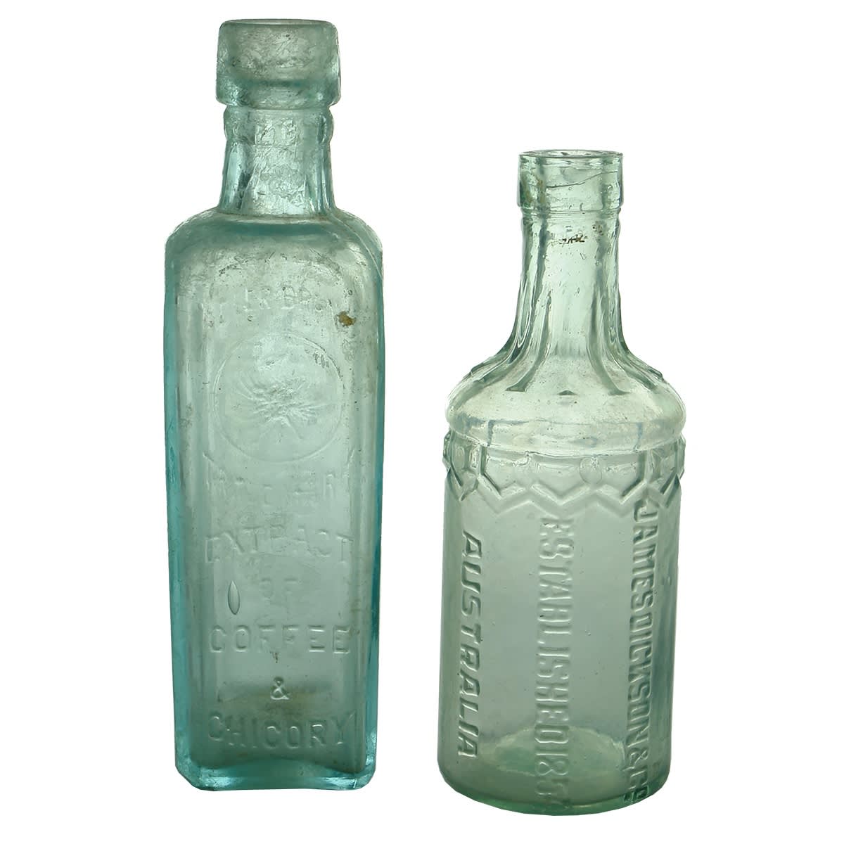 5 Household Bottles: Adler Brand Coffee; James Dickson Cordial; Jones Miller Bendigo Pickles; 2 x Singer Sewing Machine Oils.