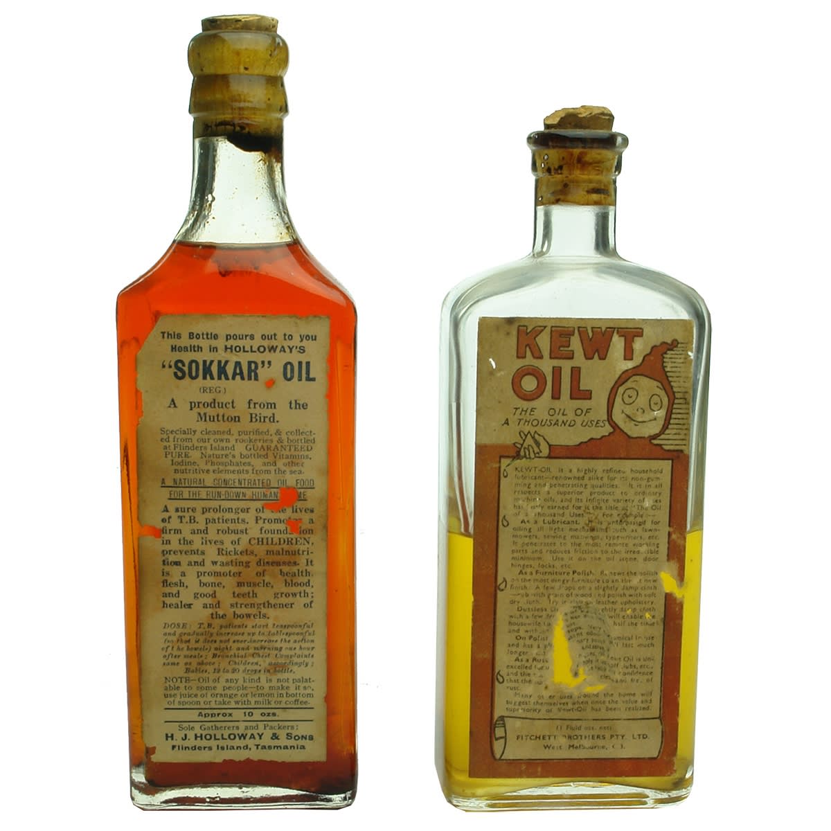 2 types of oil in original labelled bottles: Sokkar Oil, H. J. Holloway & Sons, Flinders Island, Tasmania; Kewt Oil, Fitchett Bros Pty. Ltd. West Melbourne.