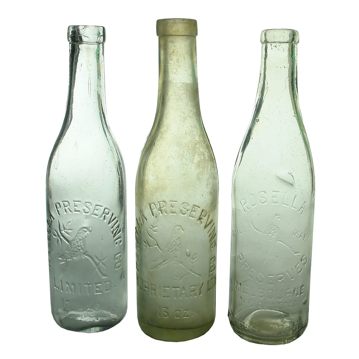 6 Rosella Bottles. 3 x Rosella sauce 13 oz variations; Rosella Preserving Co 20 oz Sauce; Rosella 26 oz Chutney/Sauce; Rosella 13 oz Chutney with unusual design. (Victoria)