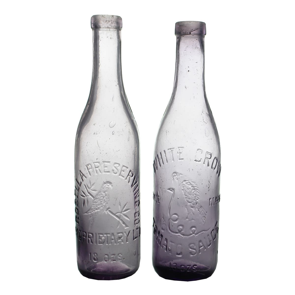 Sauces. 1. Rosella Preserving Co. Proprietary Ltd. Amethyst. 13 oz. 2. White Crow Tomato Sauce. Amethyst. 13 oz. (Victoria)