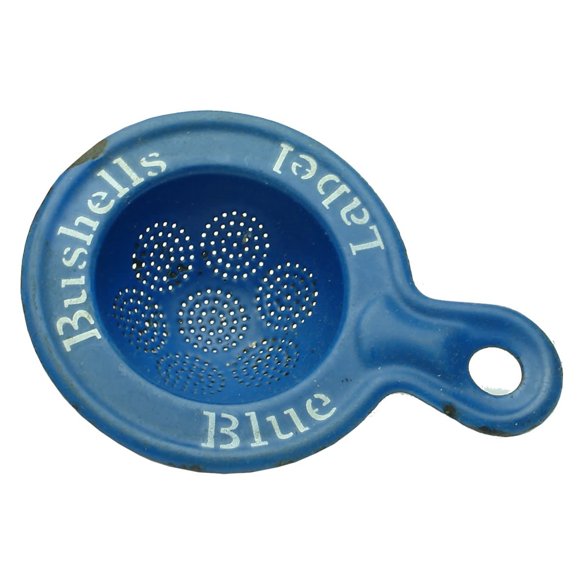 Household. Bushells Blue Label. Blue and white enamelled tea strainer.