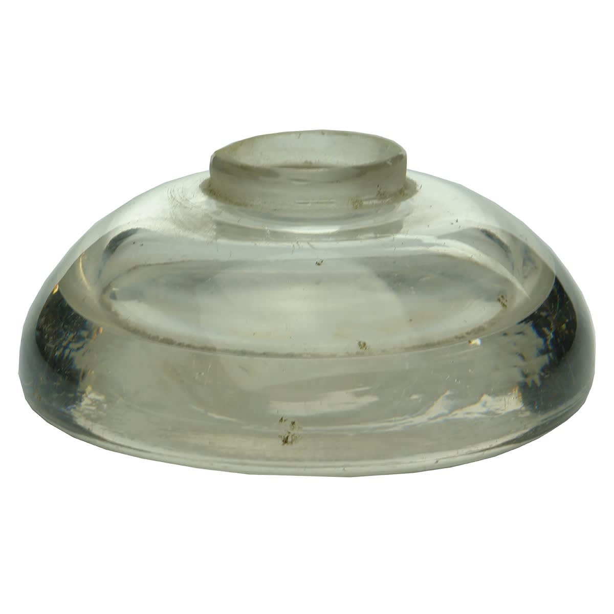 2 Inkwells: 1. Heavy glass inkwell/paperweight. Clear. No fittings. Polished pontil scar to base. 102 mm diameter. 2. Ink. Small square cut glass or crystal like inkwell. 53 mm.