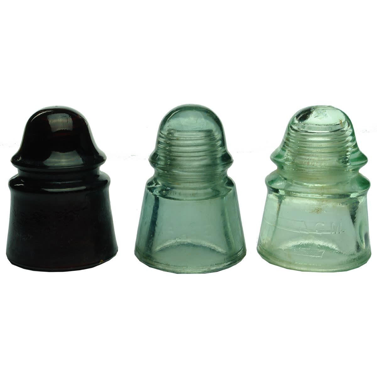 3 Insulators & 4 stoppers. 1. Amber C. C. G. 2. Smoky aqua AGEE. 3. Aqua A. G. M.