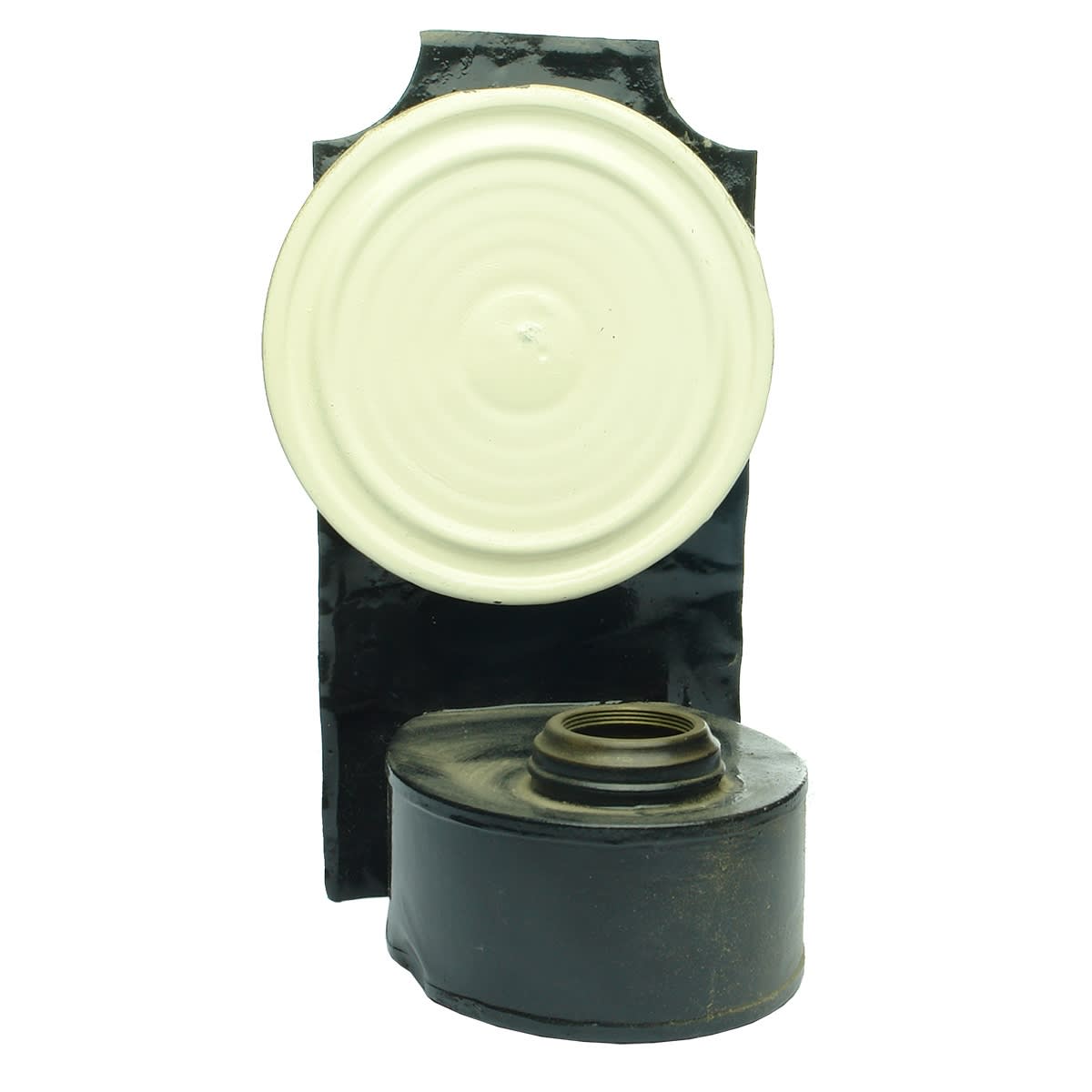 3 Lamps. Black painted tin lamp with white reflector, no burner or chimney; Green painted; Green painted personal lamp.