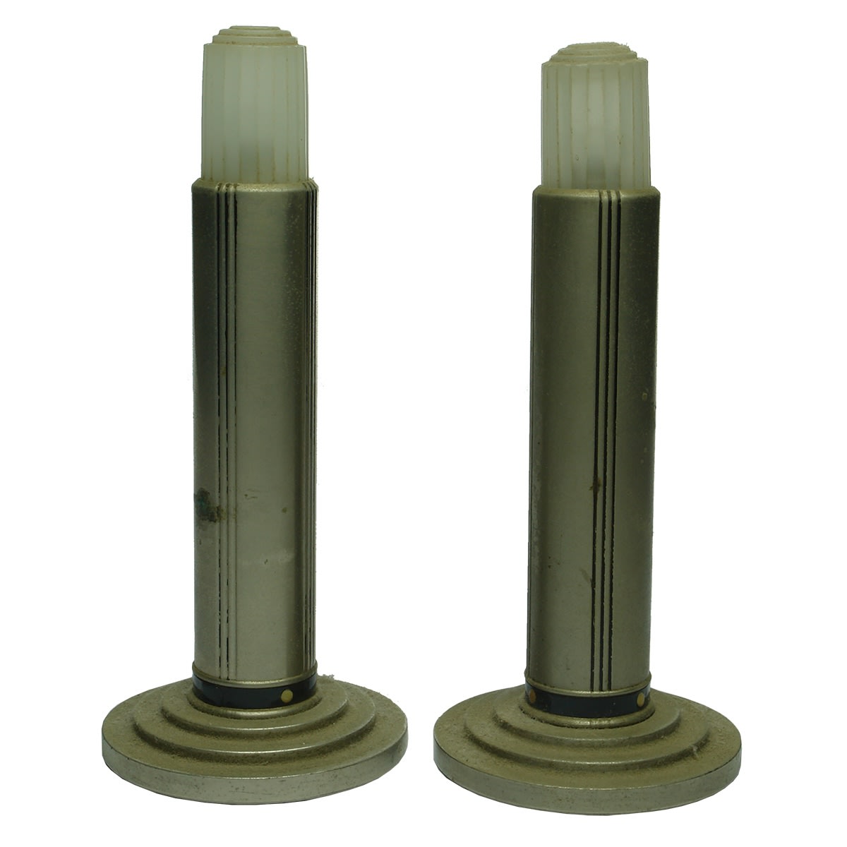 Lamps. Pair of Eveready Electric Candles, No. 1654. Made in U. S. A. and Deep Turquoise Finger Lamp with E. Miller Co., U. S. A. burner and Anchor on fire proof chimney. (United States)