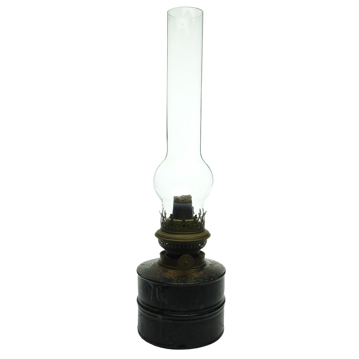 Lamp. Rustic home made looking type. Tin base with burner welded on. With glass chimney.