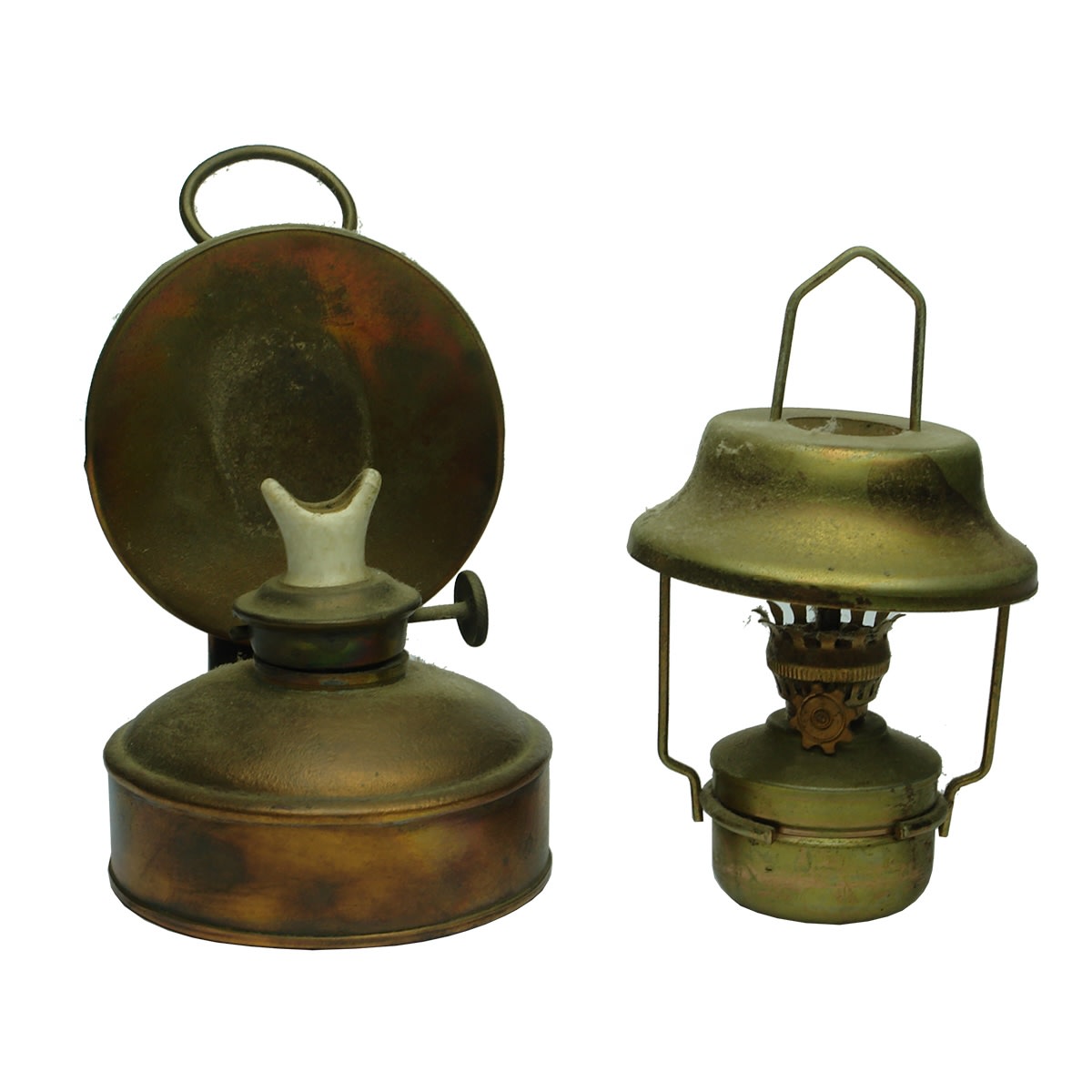 Lamps: 1. Small copper lamp with reflector. 2. Small brass lamp with brass shade.