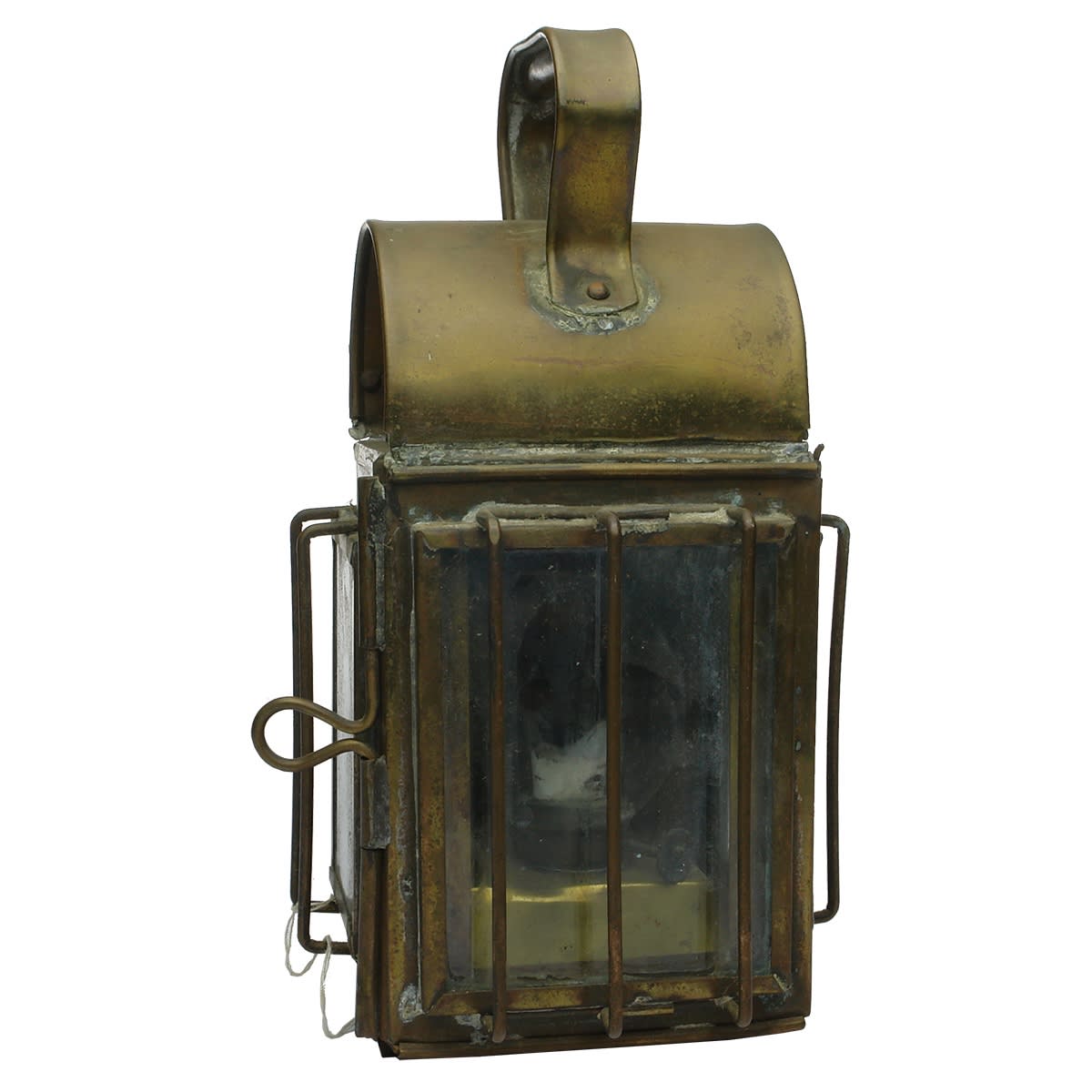 Brass Lamp. Handled carry lamp. Brass. Original burner. Glass to three sides.