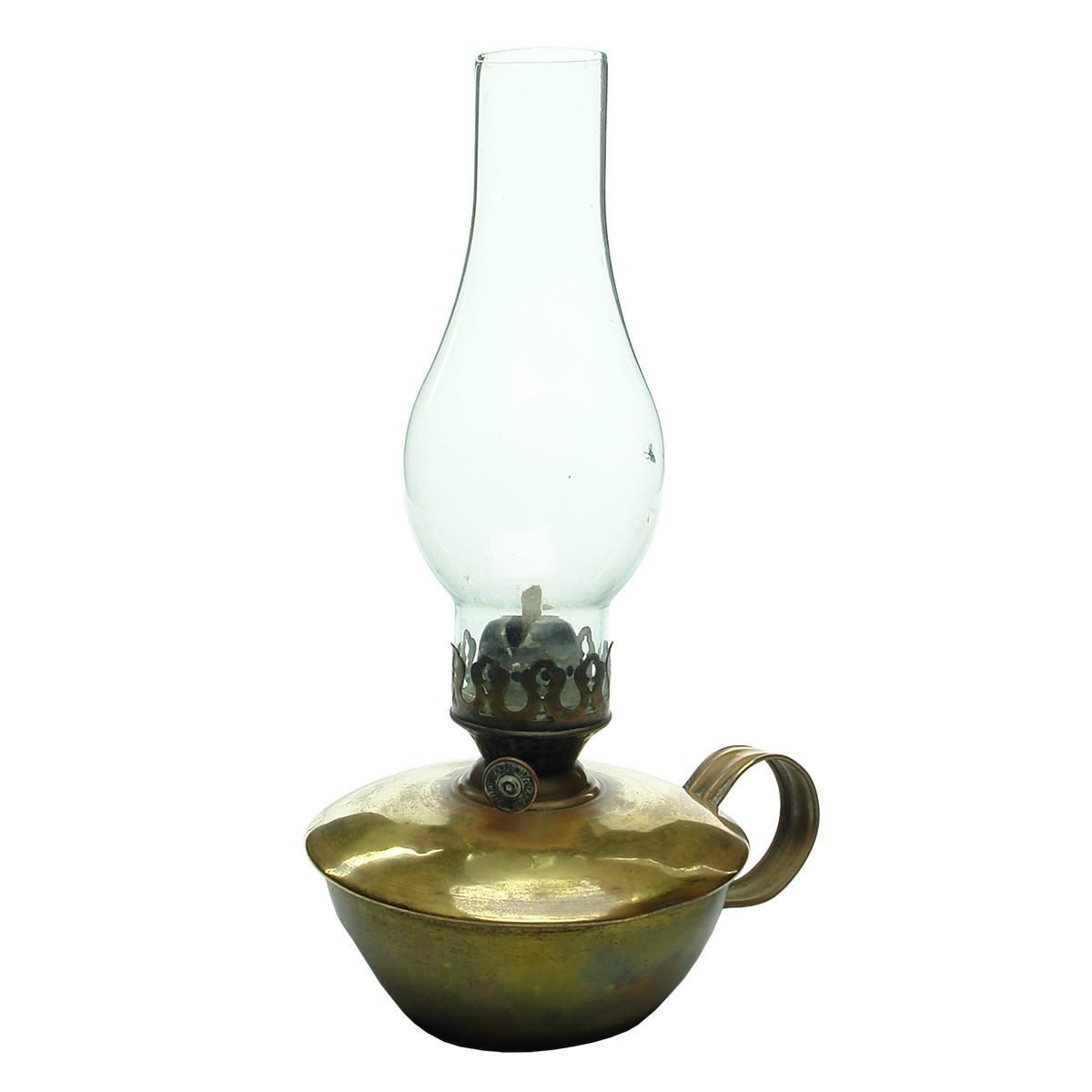 Lamp. Handled brass lamp with burner and glass chimney. In working order.