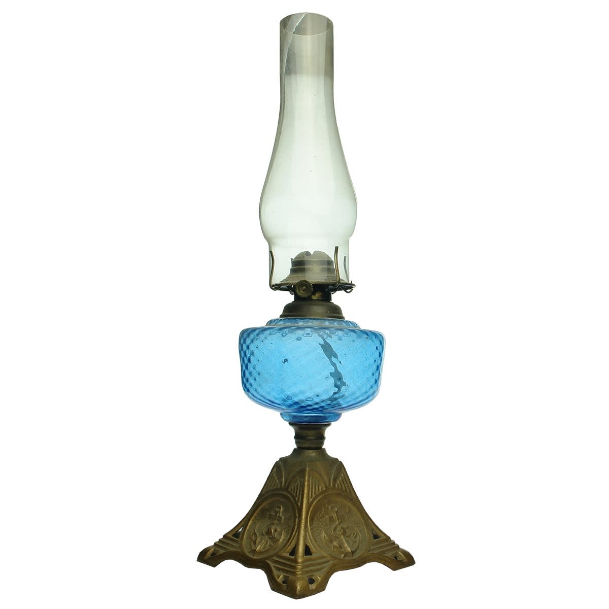 Lamps. Kerosene lamp with blue font, cast iron base with anchors, registered number 521736, with a chimney.