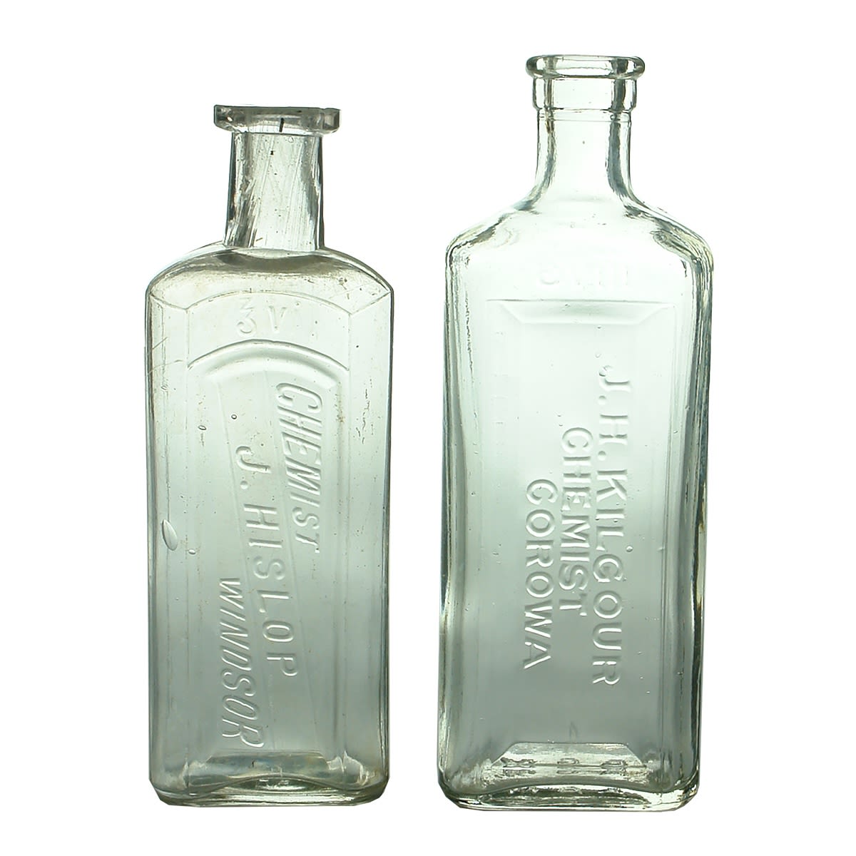 3 Chemists: 1. J. Hislop, Windsor. Clear. 6 oz. 2. J. H. Kilgour, Corowa. Clear. 8 oz. 3. C. H. Flack, Oakleigh 4 oz. (Victoria & New South Wales)