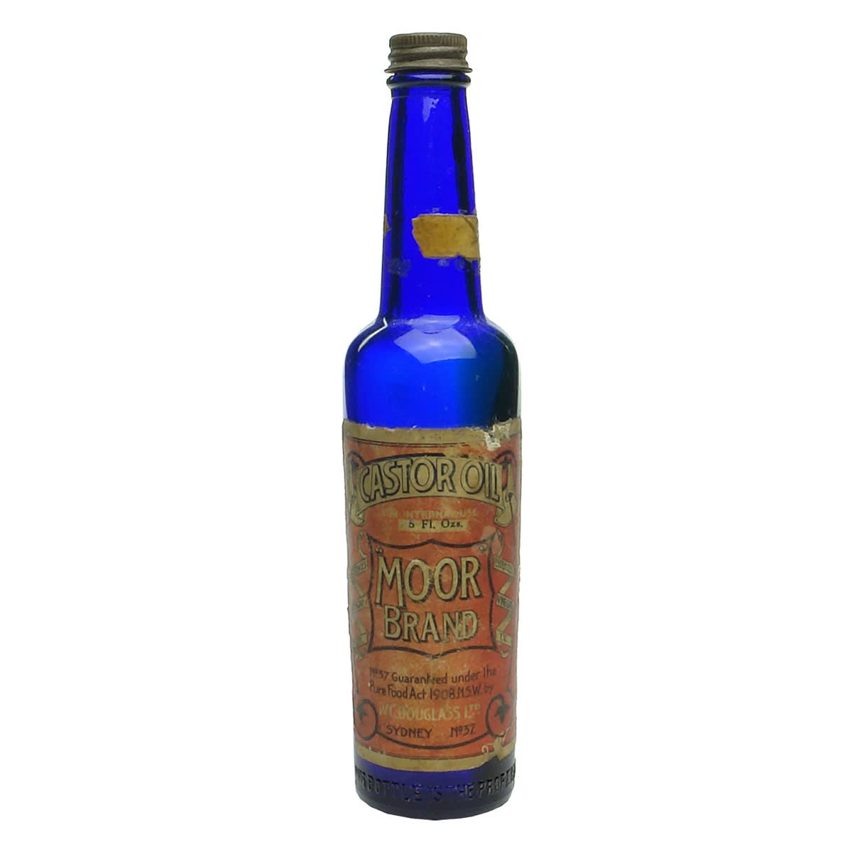 Castor Oil. Moor Brand Castor Oil, W. C. Douglass Ltd., Sydney. Screw Top. Labelled. Cobalt. 5 oz. (New South Wales)