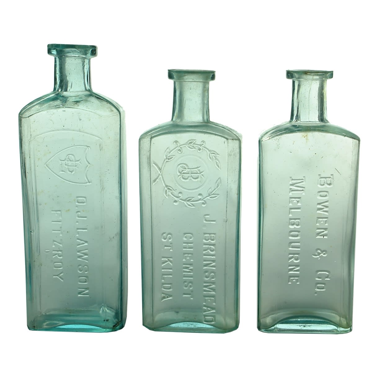 Chemists: 1. O. J. Lawson, Fitzriy. Aqua. 8 oz. 2. J. Brinsmead, St Kilda. Aqua. 4 oz. 3. Bowen & Co., Melbourne. Aqua. 4 oz. (Victoria)