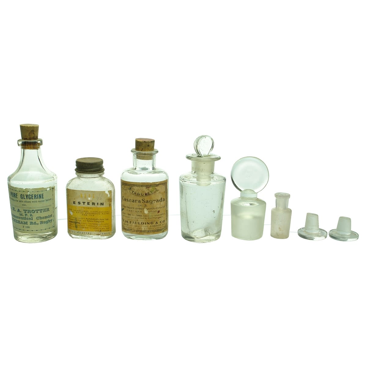 21 Chemist Items. Trotter Glycerine; Esterin; Pauldings; Plain bottles and stoppers; Sunbeam; State Mutual; Bickford & Sons; Tasty Lax; Nyal; Hollis; Young's; Jayesse; Rhu Pills; Antiphlogistine and more.