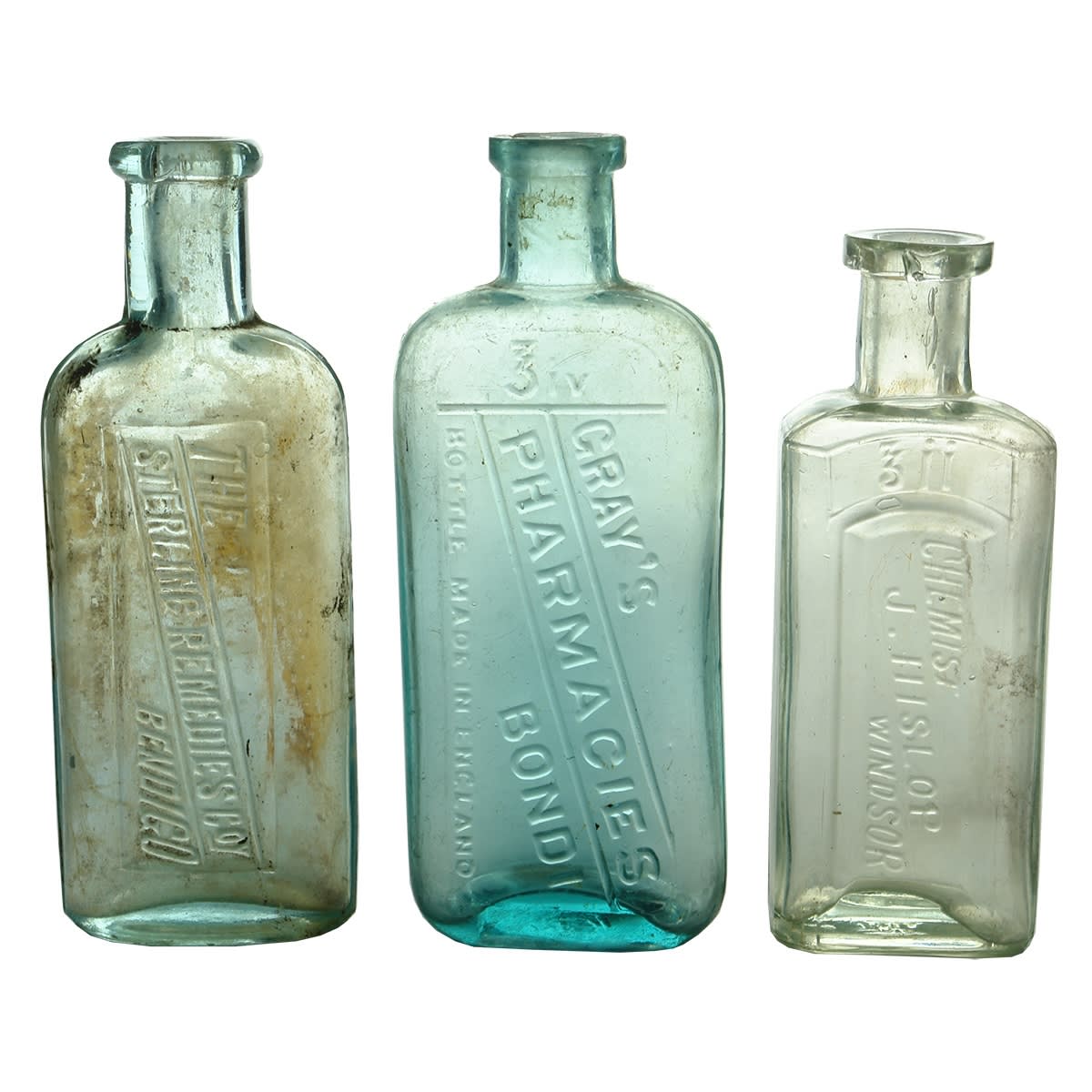 5 Chemist/Cure Bottles: Gray's Pharmacies Bondi; Sterling Remedies Co Bendigo; J. Hislop, Windsor; Tea Spoons; Iona Crown Chemical Co.
