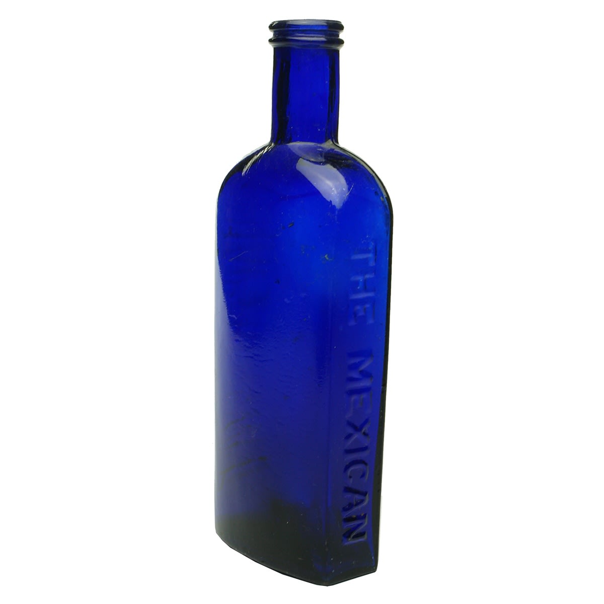 4 Blue Glass Bottles: Mexican Hair Renewer; Cylinder; James Sinclair; Vicks.