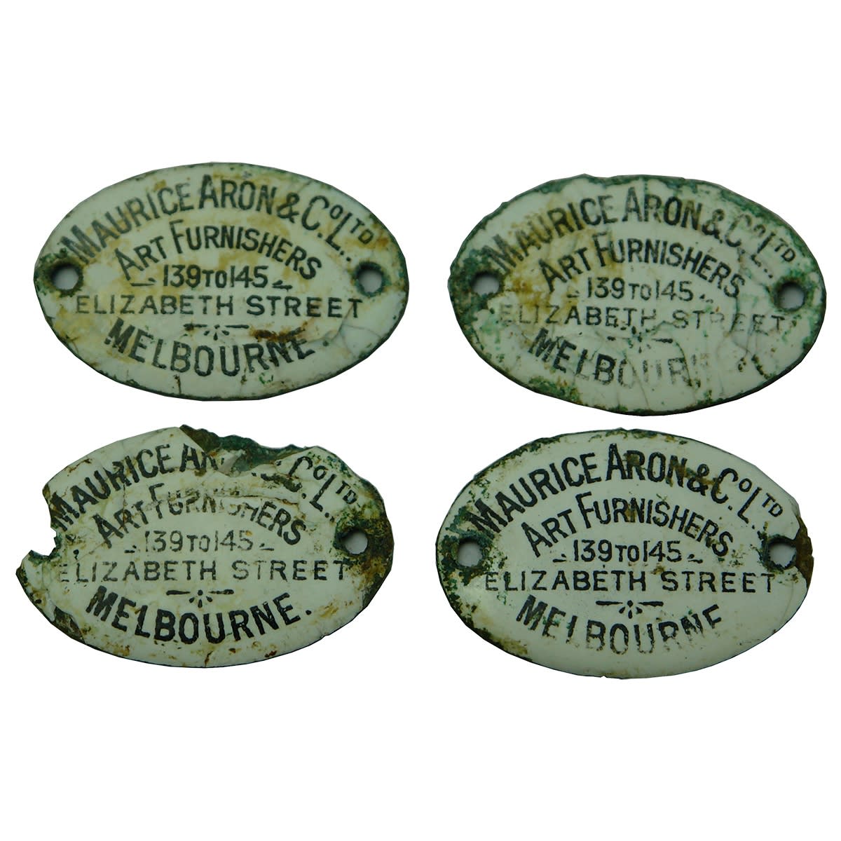 Metalware. 4 x enamel badges for Maurice Aron & Co Ltd, Art Furnishers, 138 to 145 Elizabeth Street, Melbourne. (Victoria)