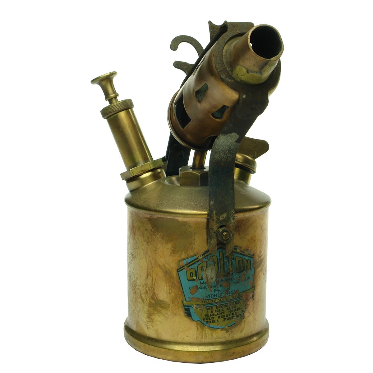 Metalware. 1. Copper Darlton Blow Torch, Commonwealth Metallic Pty. Ltd., Sydney. 2. Wooden Handled Soldering Iron.