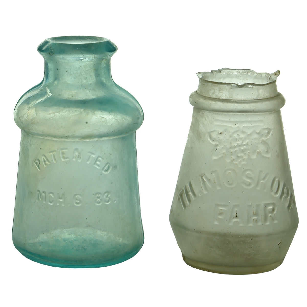 Miscellaneous: 1. Aqua Bixby bulge neck jar patented 1883. 2. Th. Moskopf, Fahr. 3. Roger & Gallet, Paris. 4. A. S. Hinds, Portland, Me, U. S. A. 5. Benzine Collas A Paris.