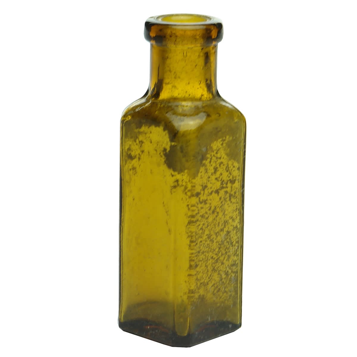 Miscellaneous: 1. Small square amber bottle. 2. Small modern jar full of ceramic marbles (20-30 marbles). 3. Cobalt Granular Citrate of Magnesia. 4. Democrat Shaving Cream Jar. 5. Figural perfume shaped like a baby. 6. Small flat cobalt dish. 7. Cobalt tumbler with etched religious cross. 8. M. W. & R. A. Transport Rubber Seal. 9. Singleton's Golden Eye Ointment.