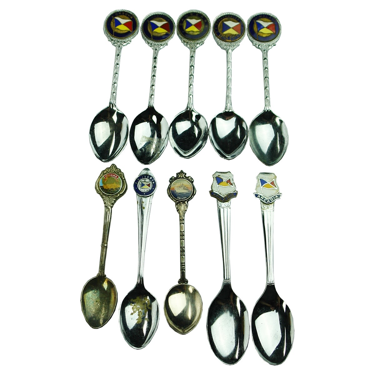 Shipping. 10 x Shipping Souvenir Spoons: 1. Orsova. 2. Canberra. 3. Canberra. 4. S. S. Strathnaver. 5. Himalaya. 6. Oriana. 7. S. S. Iberia. 8. Oriana. 9. Arcadia. 10. Arcadia.