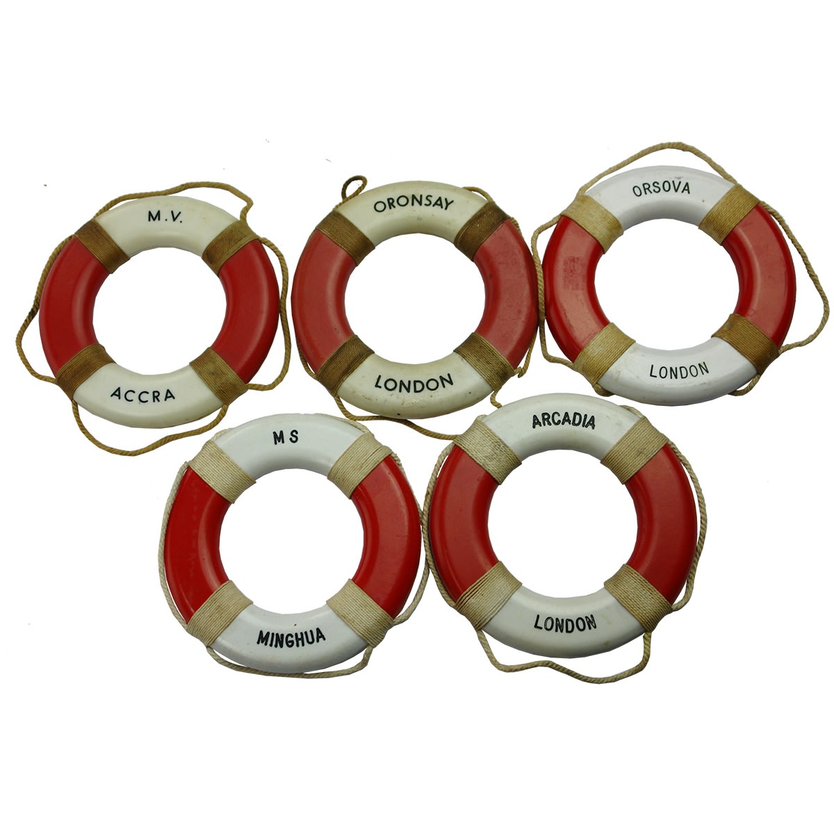 Shipping. 5 x Lifebuoy Souvenirs: 1. M. V. Accra. 2. Oronsay, London. 3. Orsova, London. 4. M. S. Minghua. 5. Arcadia, London.