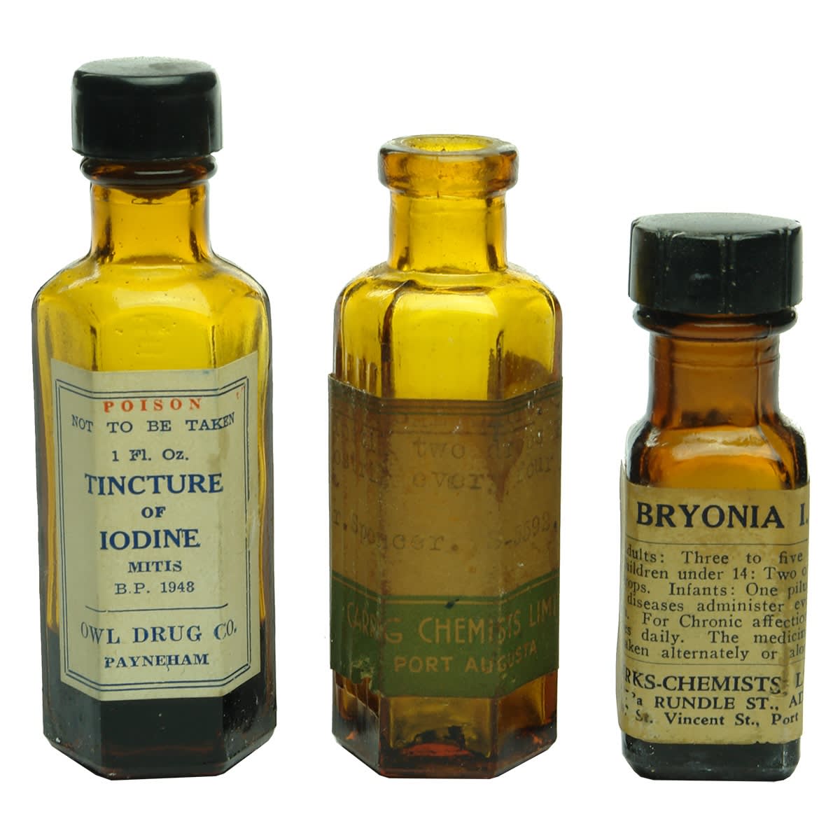 14 Chemist Items: Iodine, Owl Drug Co; Carrig Chemists Limited, Port Augusta; Bryonia, Birks Chemists; The County Chemical Co; Jasol, Adelaide; Nyal Insect Repellent; Nuclean; Herco Olivol Skin Lotion; Helena Rubenstein; 4 x Beecham's Pills; Nujol.
