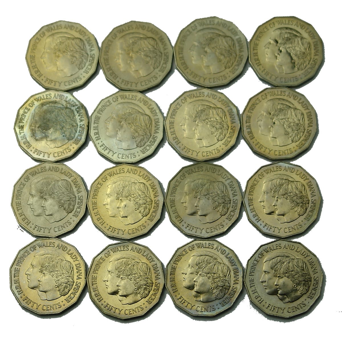 Numismatics. 16 x Uncirculated 1981 Prince of Wales and Lady Diana Spencer Commemorative 50 cent coins.