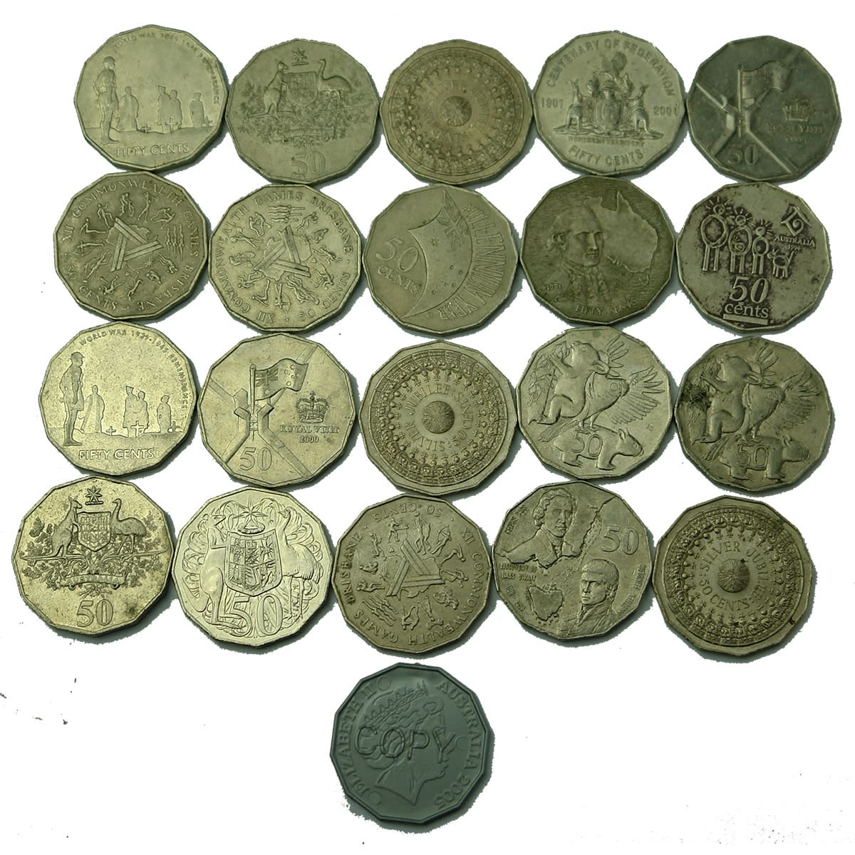 Numismatics. 20 x Australian commemorative 50 cent coins, plus a plastic 2005 copy of the Weary Dunlop 50 cent coin.