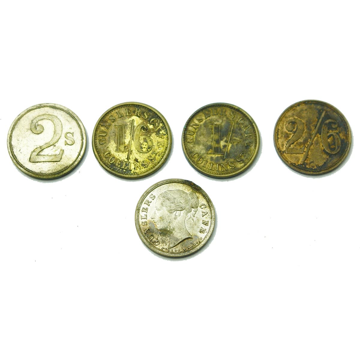 Numismatics. 5 Gunsler's Cafe Tokens in Four Different Denominations! (Melbourne, Victoria)