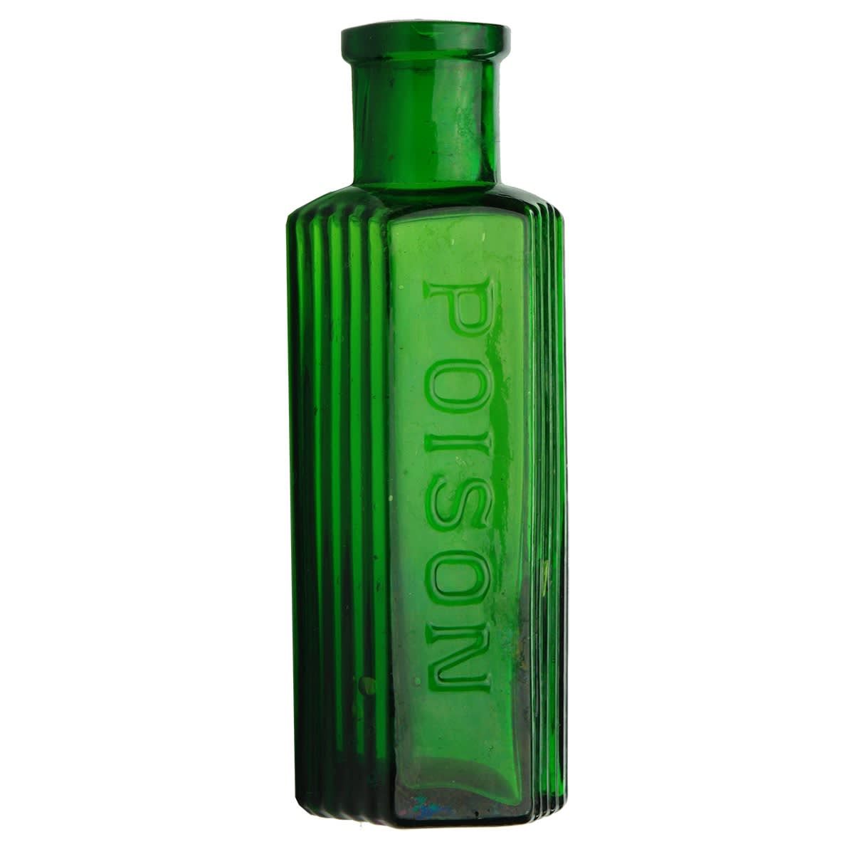 2 Poisons. Emerald Green, Vertical grooves moulded into sides next to embossing. Hexagonal. 2 oz. 106 mm and Not to be taken. 6 bold vertical lines to either side. Irregular hexagon. Green. 2 oz. 104 mm.