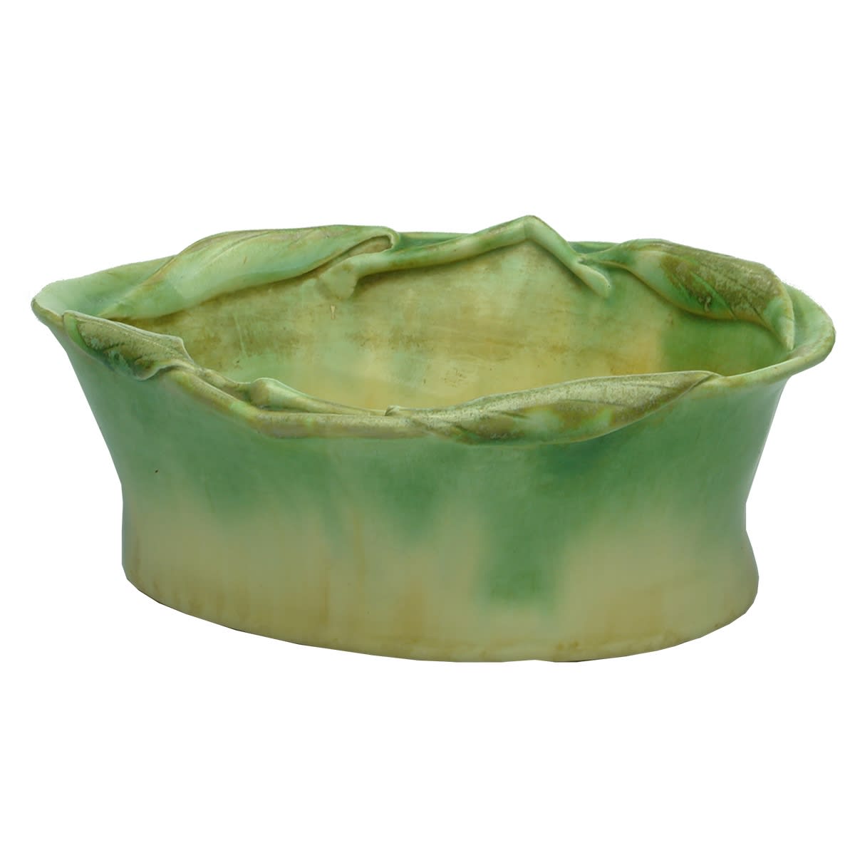 Pottery. E Bryce Carter Sydney. Green & Yellow Dish. Gum Leaf decoration along rim.