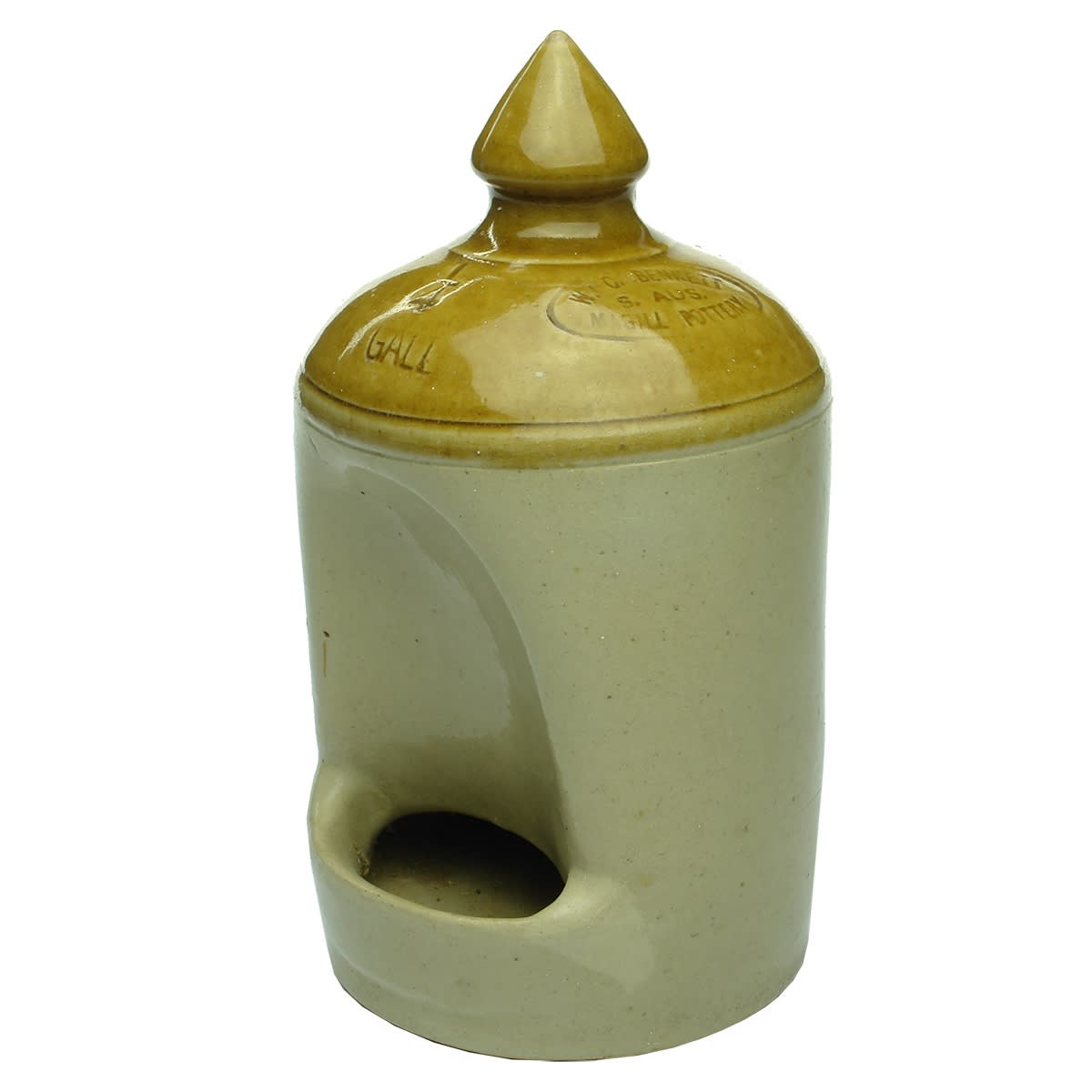 Pottery. W. G. Bennett, Magill Pottery. Bird Feeder. 1/4 Gallon. Tan Top. (South Australia)
