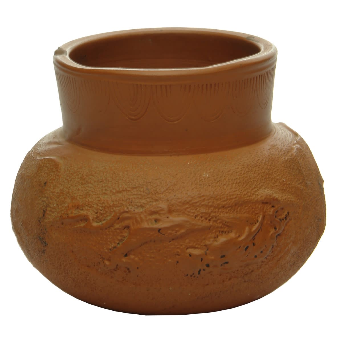 Pottery Jar. Small Terracotta jar with decoration of a Dragon going in and out of the clouds. F. Kanematsu, Sydney & Kobe to base. (New South Wales & Japan).