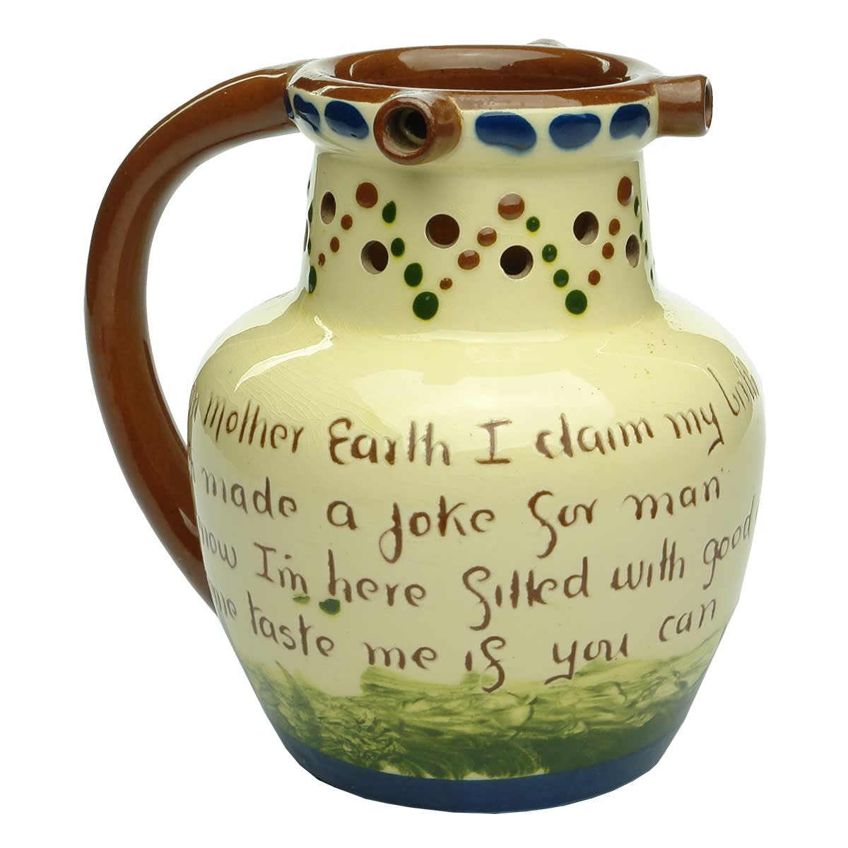 Pottery. Puzzle Jug. Tormohun ware, Torquay ware. Rooster.