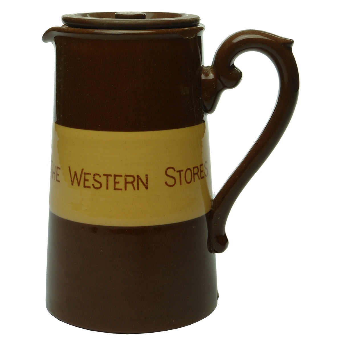 Pottery. Four Advertising Pieces for The Western Stores: 1. Tall Pouring Jug With Lid. 2. Short Cream Jug. 3. Teapot With Lid. 4. Small Bowl. (New South Wales)