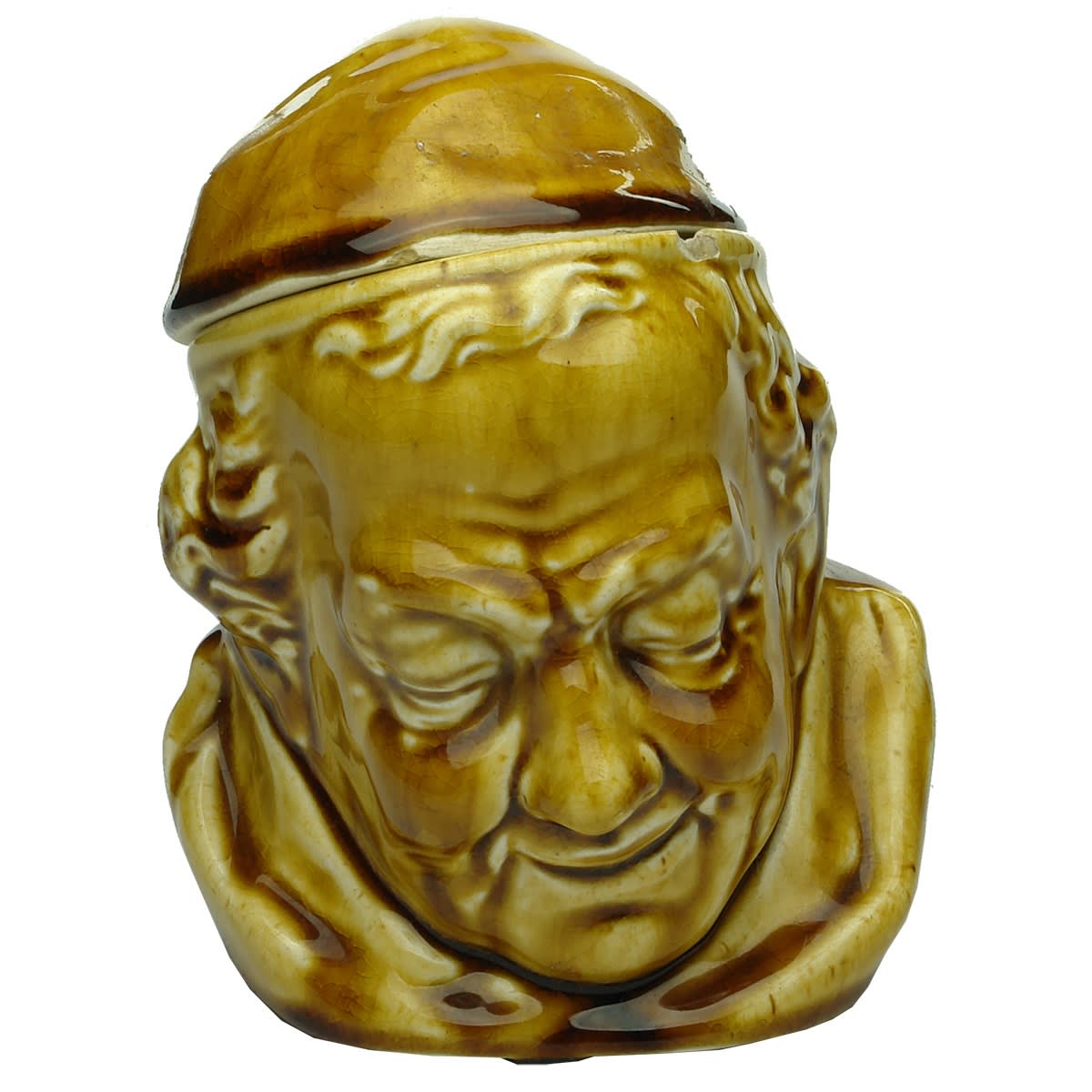 2 Items: 1. Ceramic Tobacco jar. Monks Head with hat lifts off as the lid. England on base. 2. Ceramic Advertising Ornament. Ye Olde Pub Handle. L. W. McClech? Grouse pictorial.