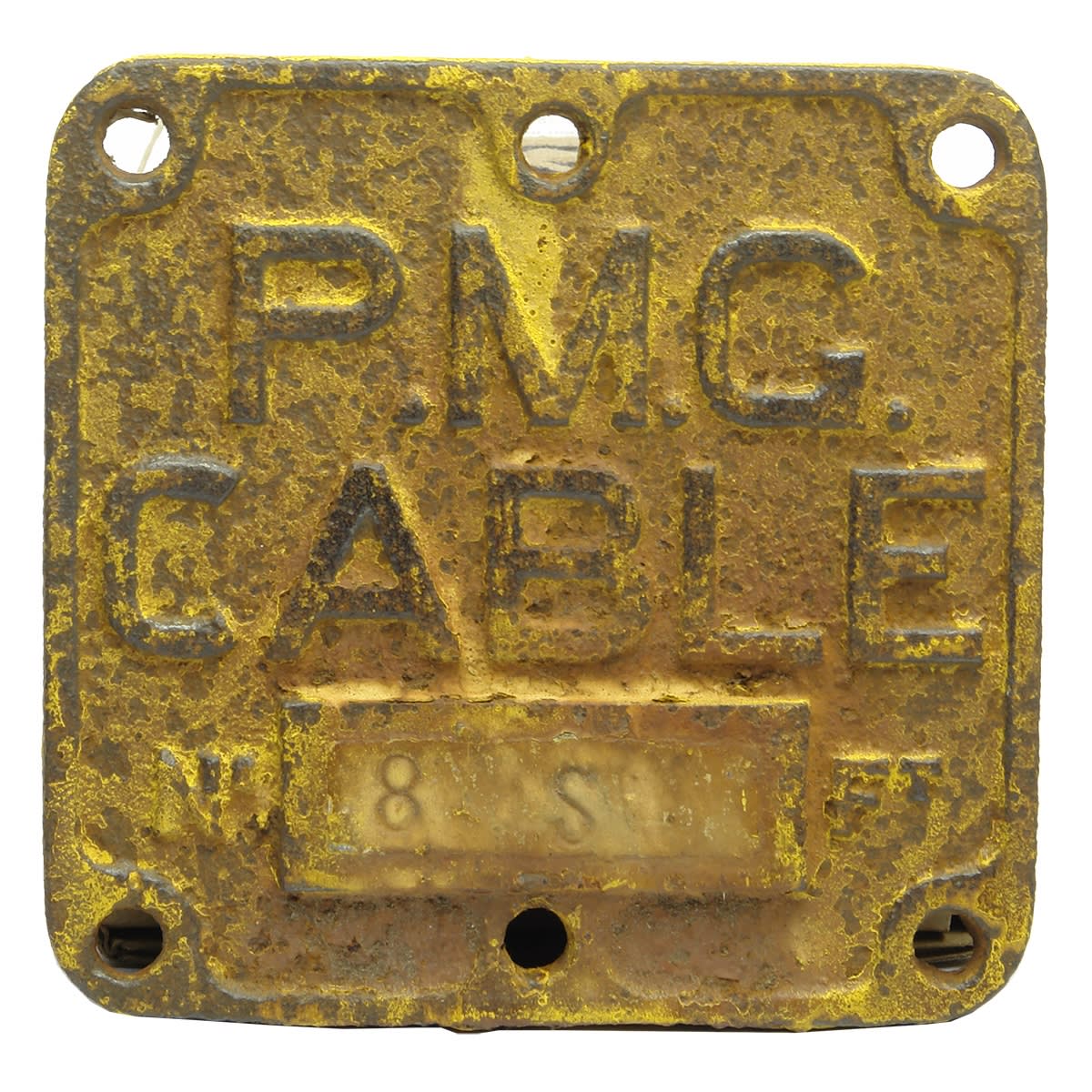 2 Signs. P. M. G. Cable. Cast Iron; SEC Underground Cables Yellow & Black Enamel.