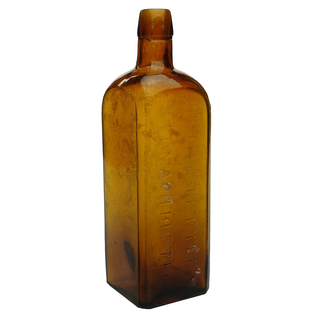 2 Amber Spirits Bottles: Dr J. Hostetter's Stomach Bitters and E. & J. Burke's Schnapps.