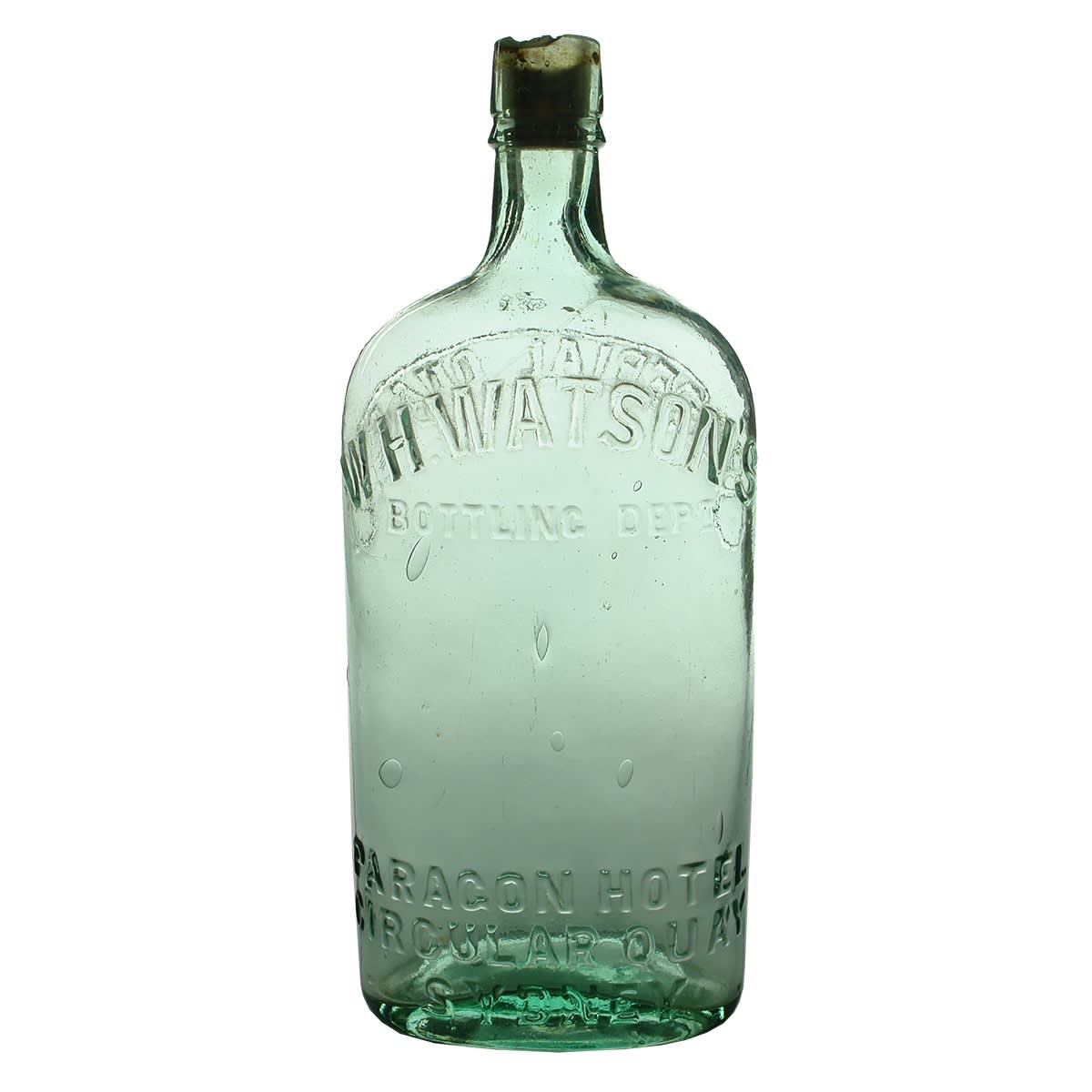 4 Liquor Bottles. Watson's Bottling Department, Paragon Hotel, Circular Quay, Sydney; Costin's Wine & Spirit Store, Haymarket; Penfolds Wines in recycled green glass; Plain case gin full of bubbles.