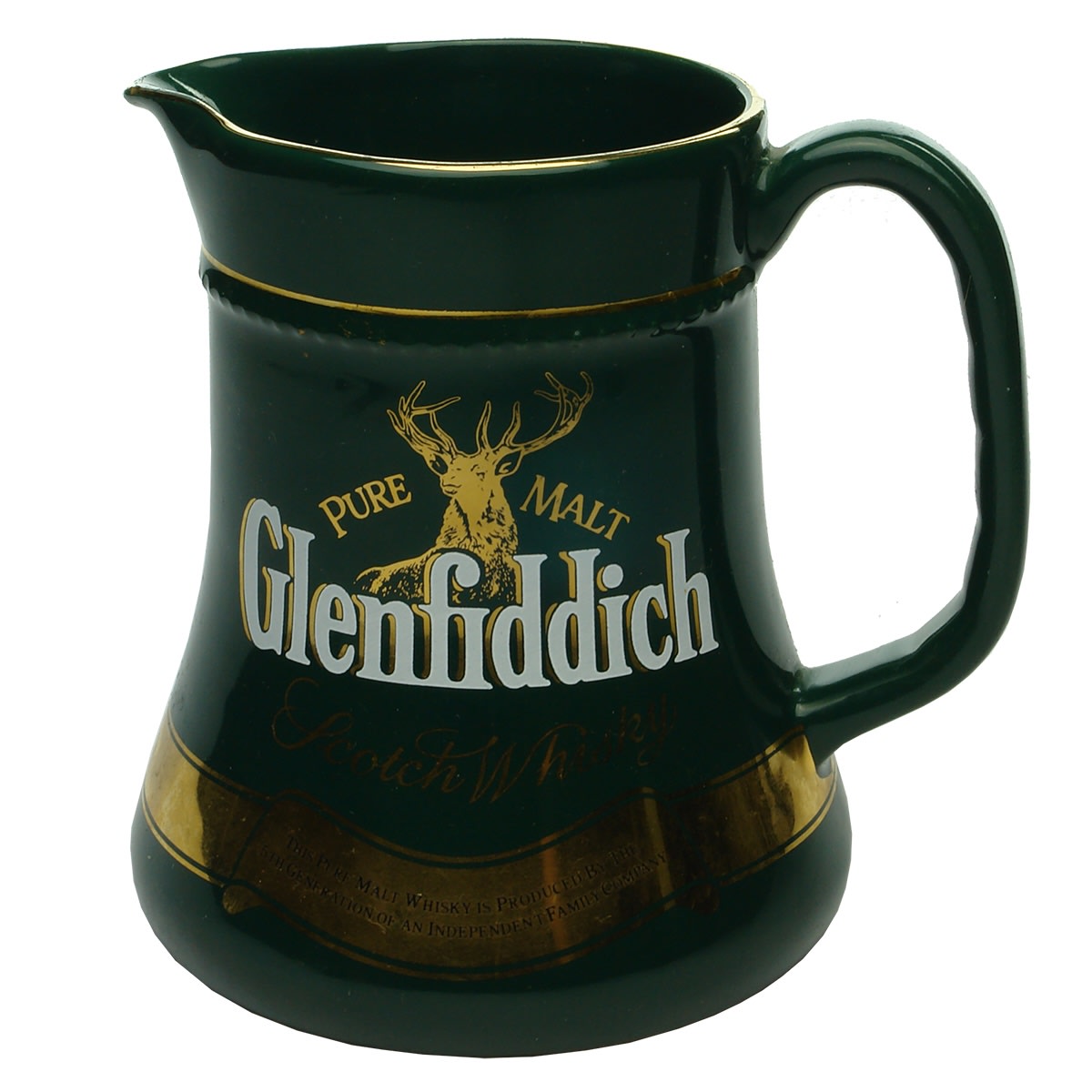 2 Whisky Water Jugs. 1. Glenfiddich Scotch Whisky. Stag. Green, White & Gold.  2. Macnish is Grand Scotch Whisky. Wade Regicor pottery.