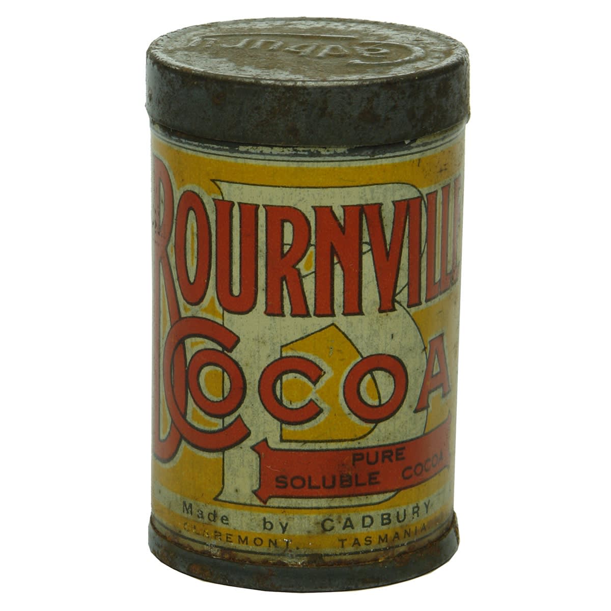 Tin. Sample Bourneville Cocoa Tin, Made by Cadbury, Claremont, Tasmania. 64 mm. (Tasmania)
