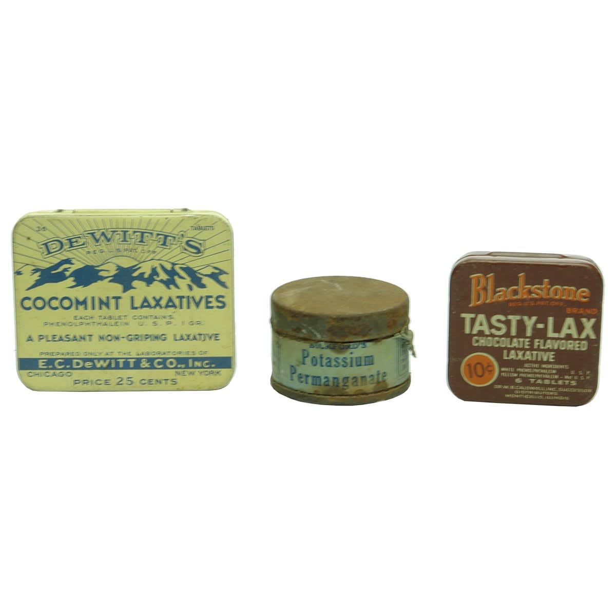 16 Tins. DeWitt's Cocomint; Bickford's Potassium Permanganate; Blackstone Tasty-Lax; Doan's Ointment; Nicholls' Herbal Pills; Alex Parsons Corn Paste; Rexona; Laxettes; Argotane Laxatives; Acotin; Bickford's Boracic Acid; Andrews Liver Salt; Goddard's Plate Powder; Anacin; 666 Salve; Amitone.